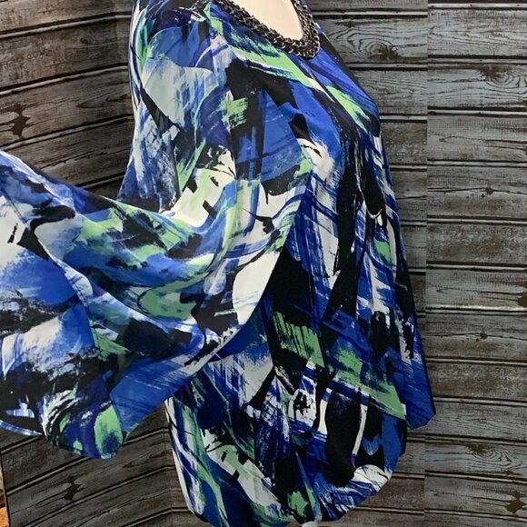 ALFANI blue black green abstract bubble hem kimono sleeve top size 1X - Picture 3 of 5